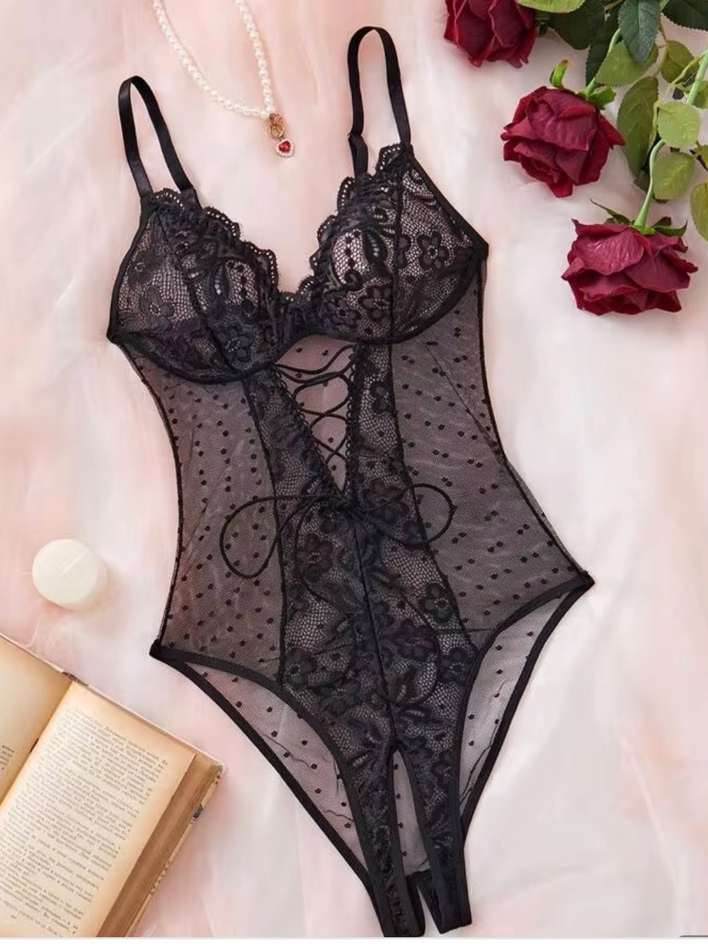 SHEIN Contrast Lace Sexy Mesh Women's Black Bodysuit Lingerie 1pc Size L